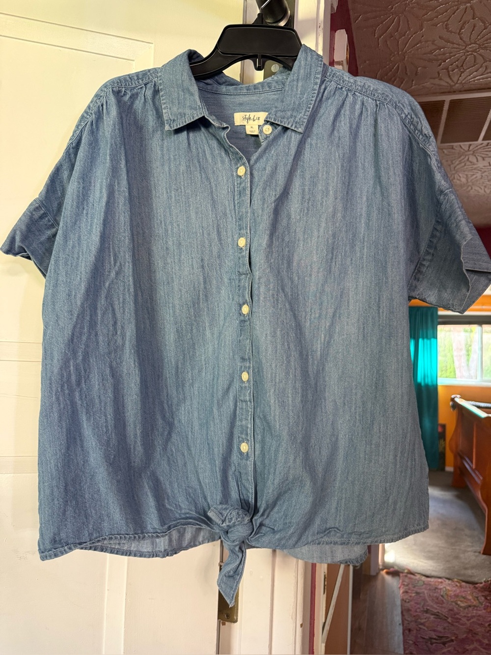 Light Blue Chambray Button-Up Shirt with Front Tie